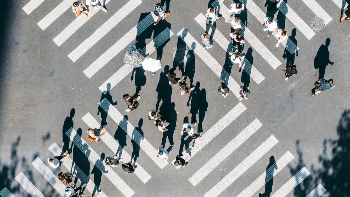 aerial view of busy crosswalk