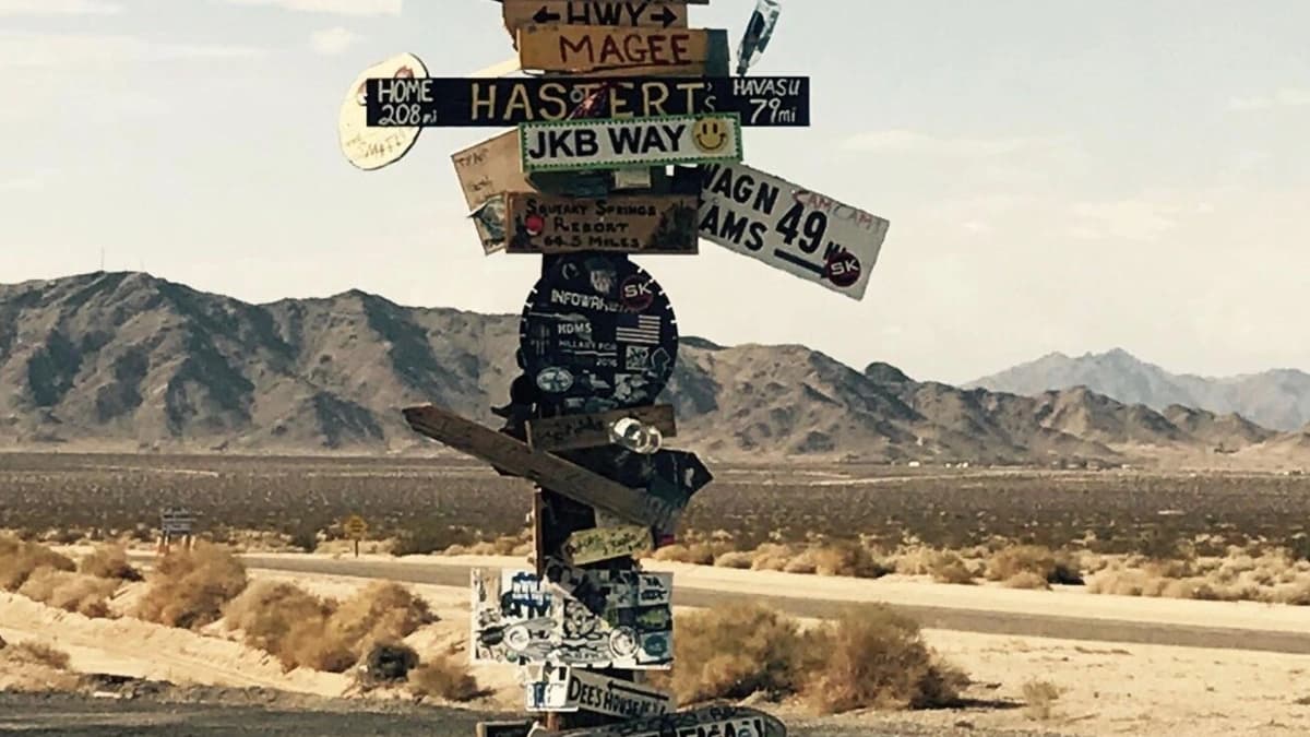 a tall tower of many roadsigns pointing different directions